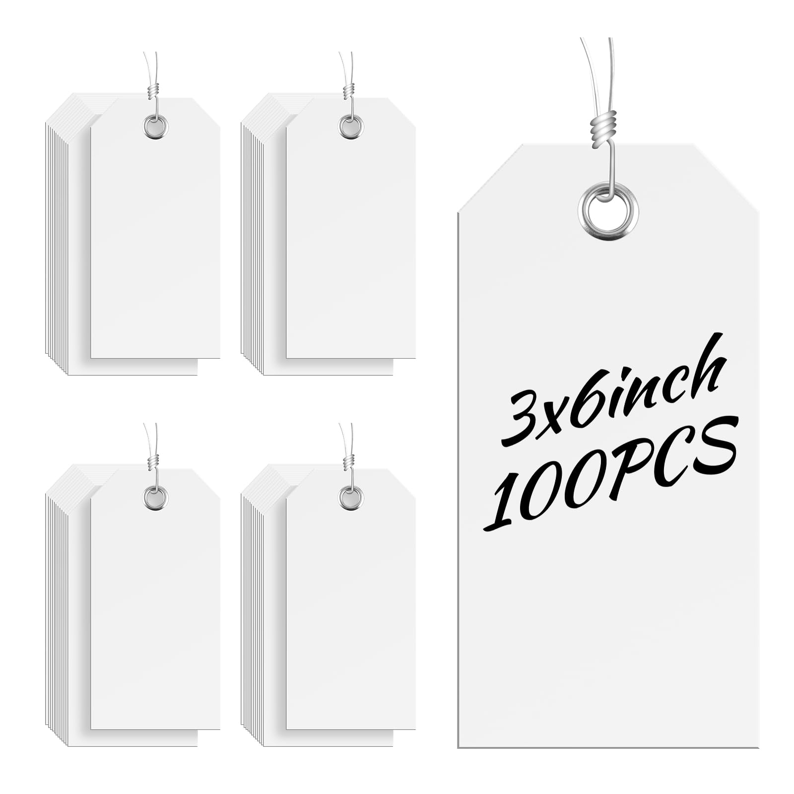 Photo 1 of 100 Large White Plastic Shipping Tags - 3x6 inch, Heavy Duty, Waterproof, Writable Wire Tags with String Attached for Luggage, Garage, Inventory, Car Parts