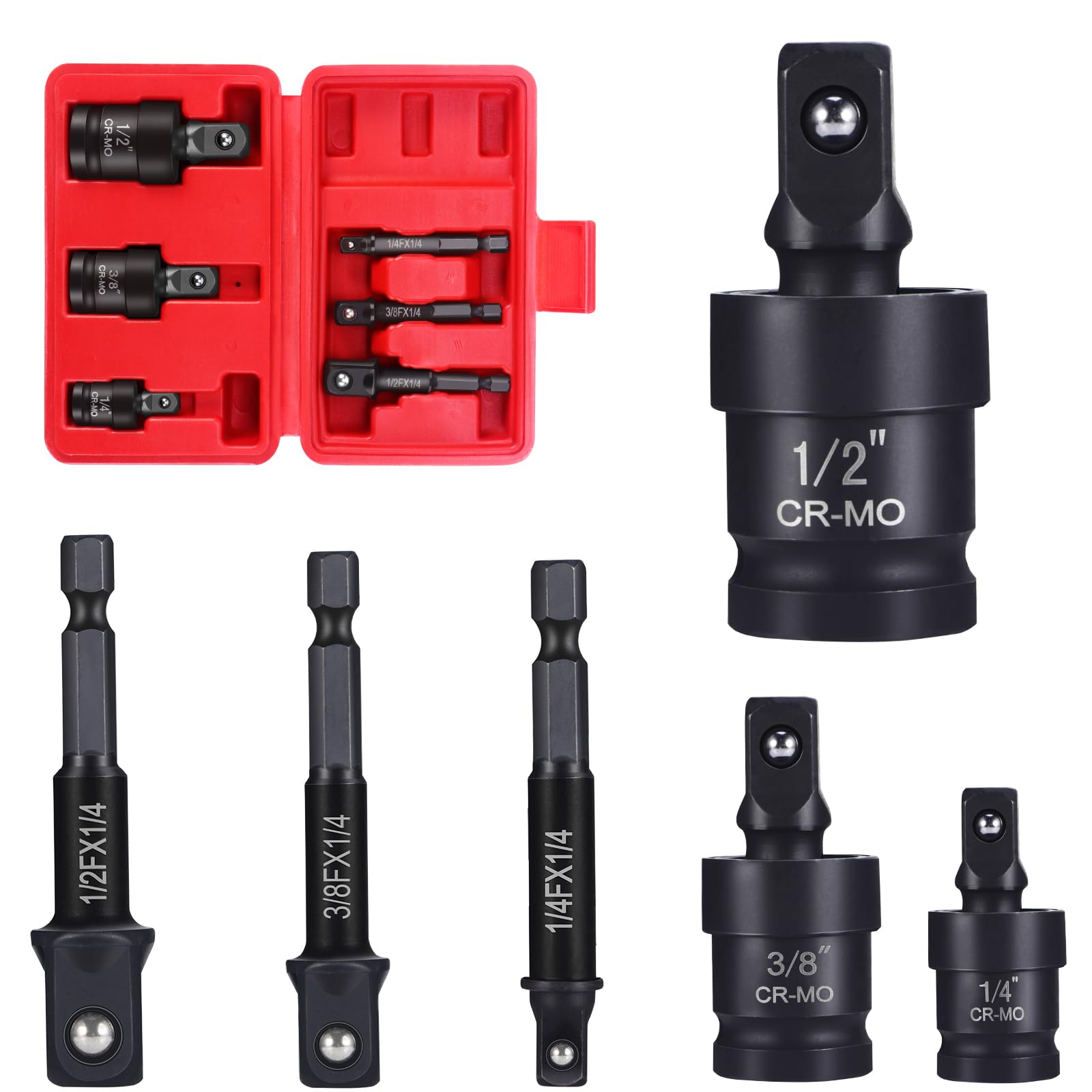Faankiton 6-Piece Impact Socket Adapter Set - Universal Joint Impact Socket Adapter for Drills, 1/4", "3/8", "1/2" U-Joint Drive
