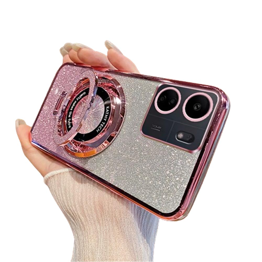 IMEIKONST Case Compatible with Redmi 13C, Gradient Glitter Ring Kickstand Case for Girls Women Lens Protection Shockproof TPU Rubber Bumper Cover for Redmi 13C. Rose Gold DS1