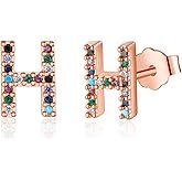 Memorjew Initial Stud Earrings for Women, Hypoallergenic 925 Sterling Silver Post Rainbow Cubic Zirconia 14K-Gold-Plated 26 Initial Earrings for Women Jewelry Gifts