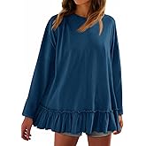 Tankaneo Womens Peplum Babydoll Tops Oversized Tshirt Casual Long Sleeve Pleated Shirts Crew Neck Flowy Loose Fit Tunic Tees Navy