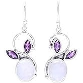 NOVICA Artisan Handmade Rainbow Moonstone Amethyst Dangle Earrings Sterling Silver Clear Purple India Birthstone [1.7 in L x 0.5 in W x 0.2 in D] ' Moonglow Bloom'