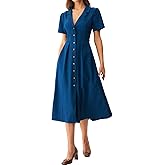 RIHOAS Casual Shirt Dress for Women - Spring Summer Short Sleeve Button Down/Up Pleated V Neck Maxi
