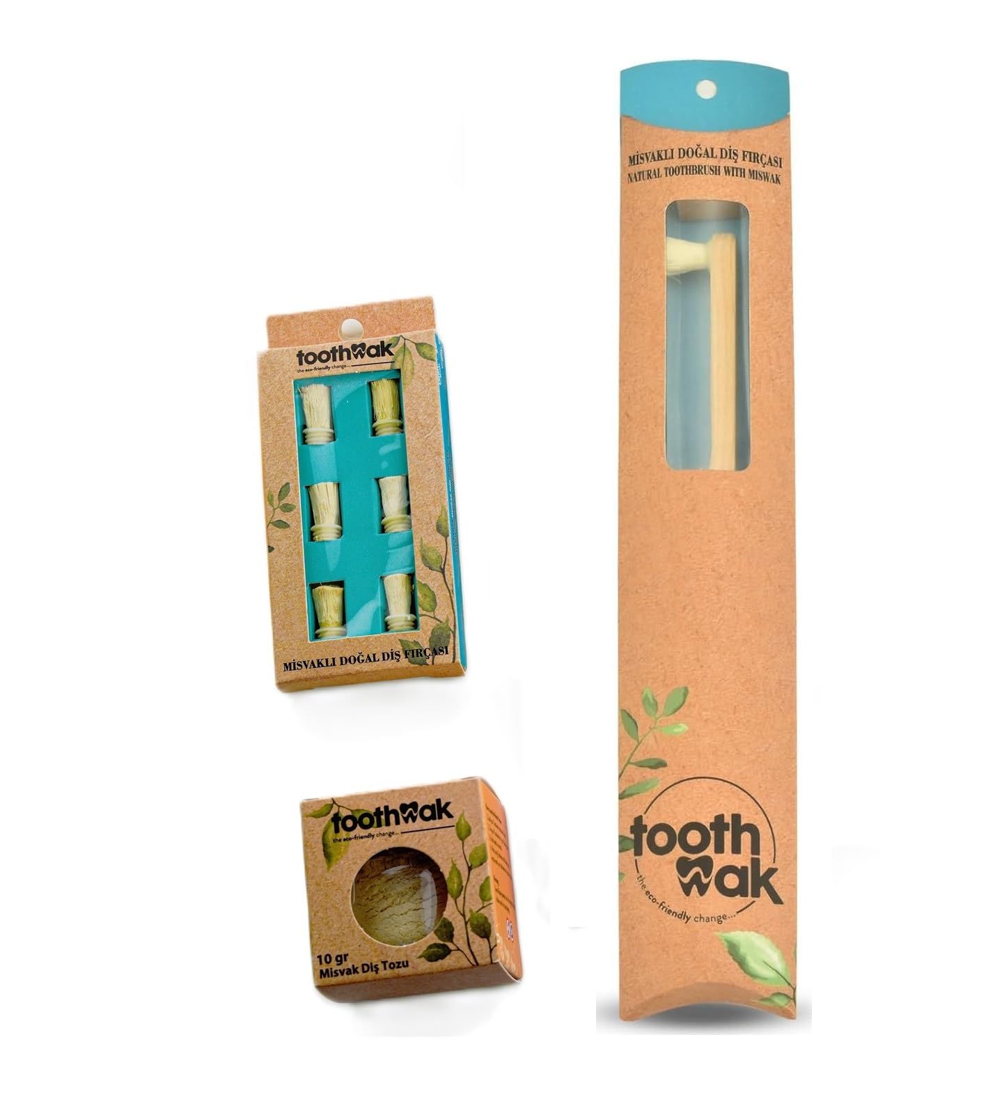 Toothwak Miswak Natural 1 Head Toothbrush with 6 Replaceable Toothbrush Heads, Miswak Powder Combo Pack for Natural Bristles, Teeth Whitening, Organic and Eco-Friendly (Pack of 3)