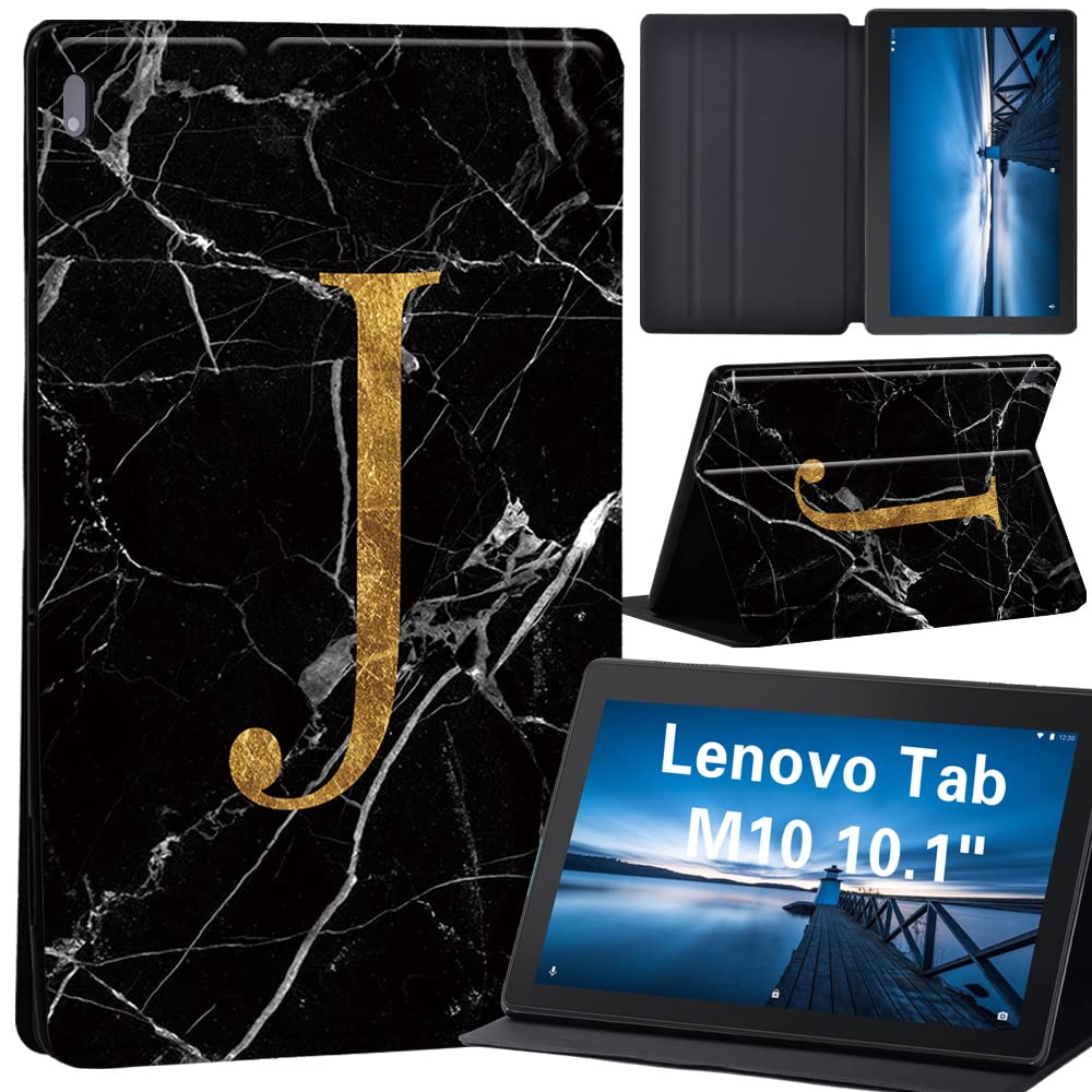 Case for Lenovo Tab M10 TB-X605F/ TB-X605L/ TB-X505F/ TB-X505L - Leather Stand Cover Case for Lenovo Tab M10 10.1-Inch Tablet (letter J on black marble)