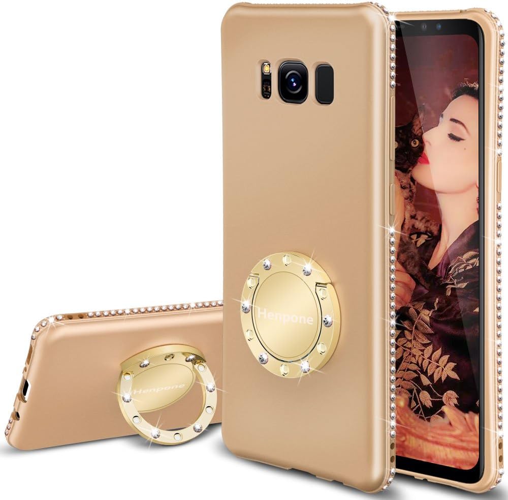 Henpone Galaxy S8 Plus Case for Women, Cute Glitter Girly Phone Cover with Kickstand Ring Stand Luxury Diamond Sparkle Bling Samsung Galaxy S8 Plus Case for Girls - Gold