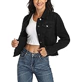 MISS MOLY Jean Jacket Women’s Frayed Washed Button Up Cropped Denim Jacket w 2 Side Pockets