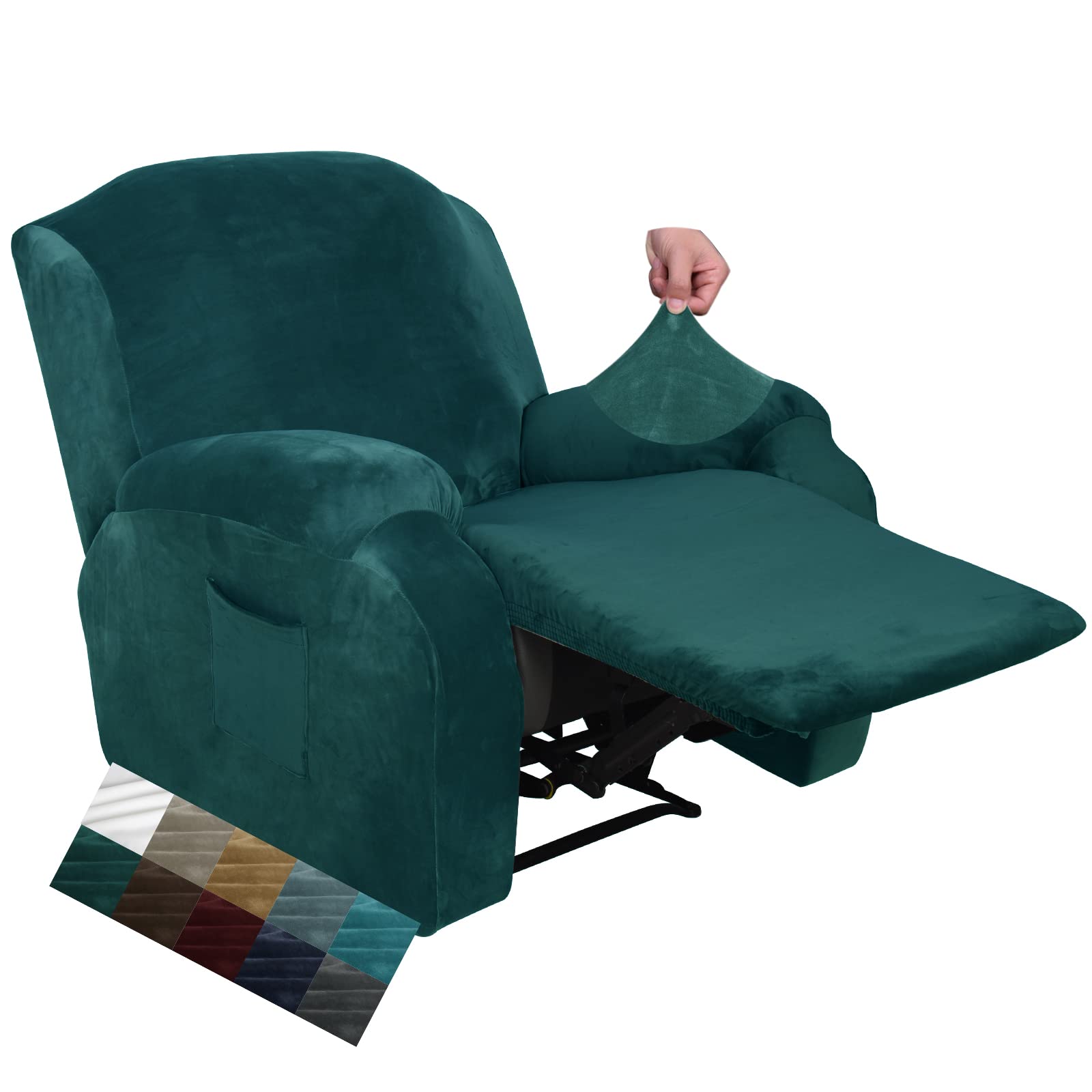 CHELZEN Velvet 4 Piece Recliner Cover Stretch Soft Cover for Recliner Chair Thick Soft Recliner Chair Slipcover (Recliner, Blackish Green)