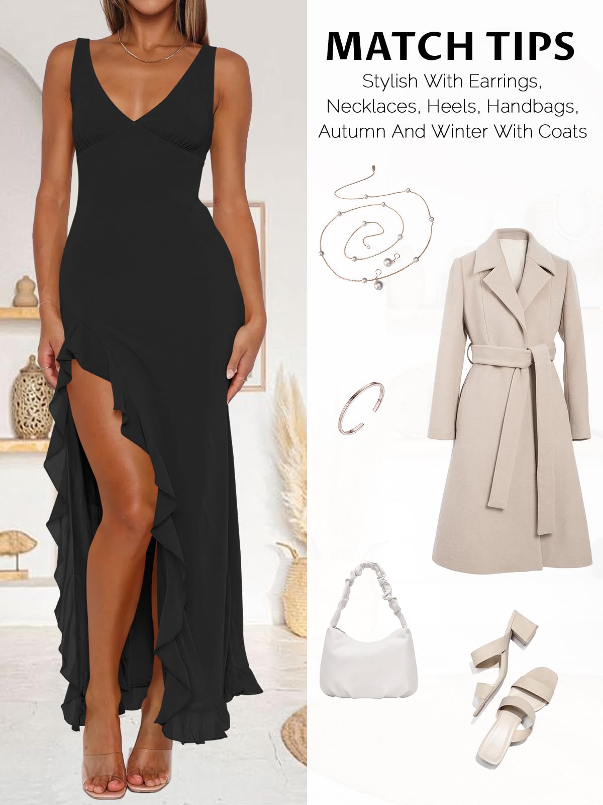 MIYIEONZ Women Sexy V Neck Sleeveless Mesh Ruffle Hem Bodycon Maxi Casual Backless High Slit Cocktail Party Dress