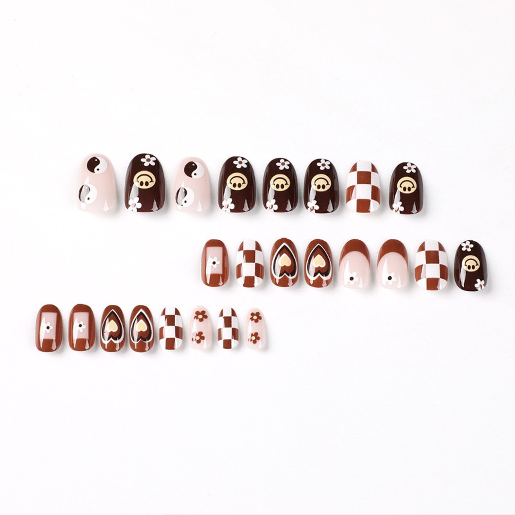 Short Press on Nails Fall Cute Face Fake Nails Winter Brown Oval Glue on Nails Glossy Coffee with Checkerboard Flower Heart Design Short Nails Full Cover French Tip False Nails for Women Girls - Image 4