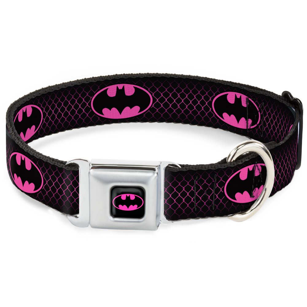 Dog Collar Seatbelt Buckle Batman Shield Chainlink Black Hot Pink 20 to 31 Inches 1.5 Inch Wide