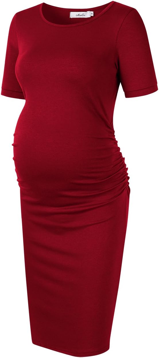 Coolmee Maternity Dress Ruched Round Neck Maternity Dresses