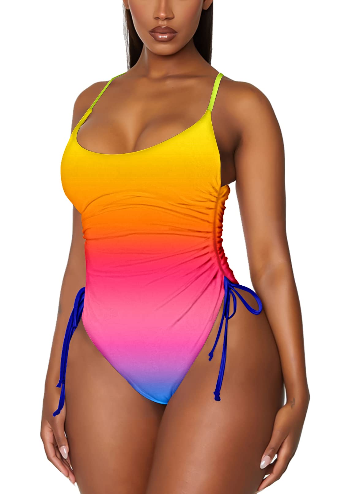 Photo 1 of Viottiset Women's Drawstring One Piece Swimsuit Tummy Control High Cut Cheeky Bathing Suit Gradient Multicolored L