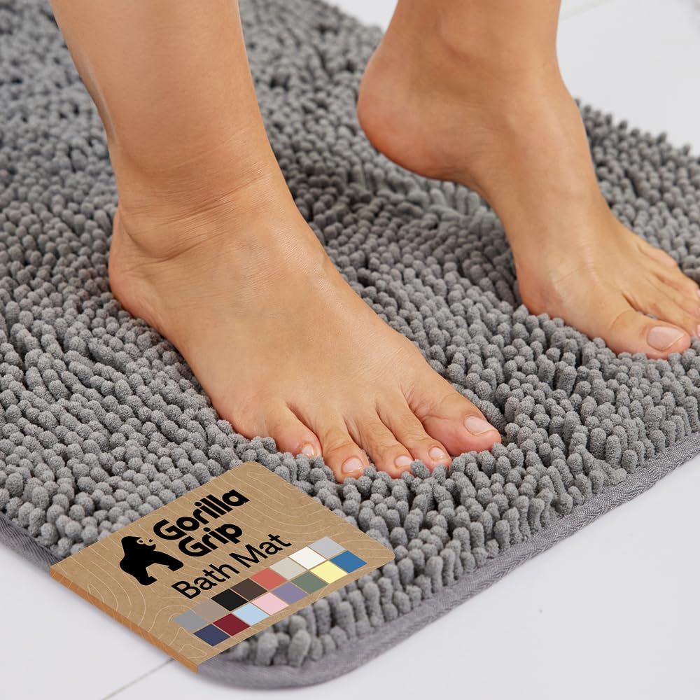 GORILLA GRIP Bath Rug Mat 30x20, Thick Soft Absorbent Chenille, Quick Dry Microfiber Mats, Rubber Backing Washable Shower Floor Rugs, US Designed Bathroom Bathmat Home Decor Accessories, Grey