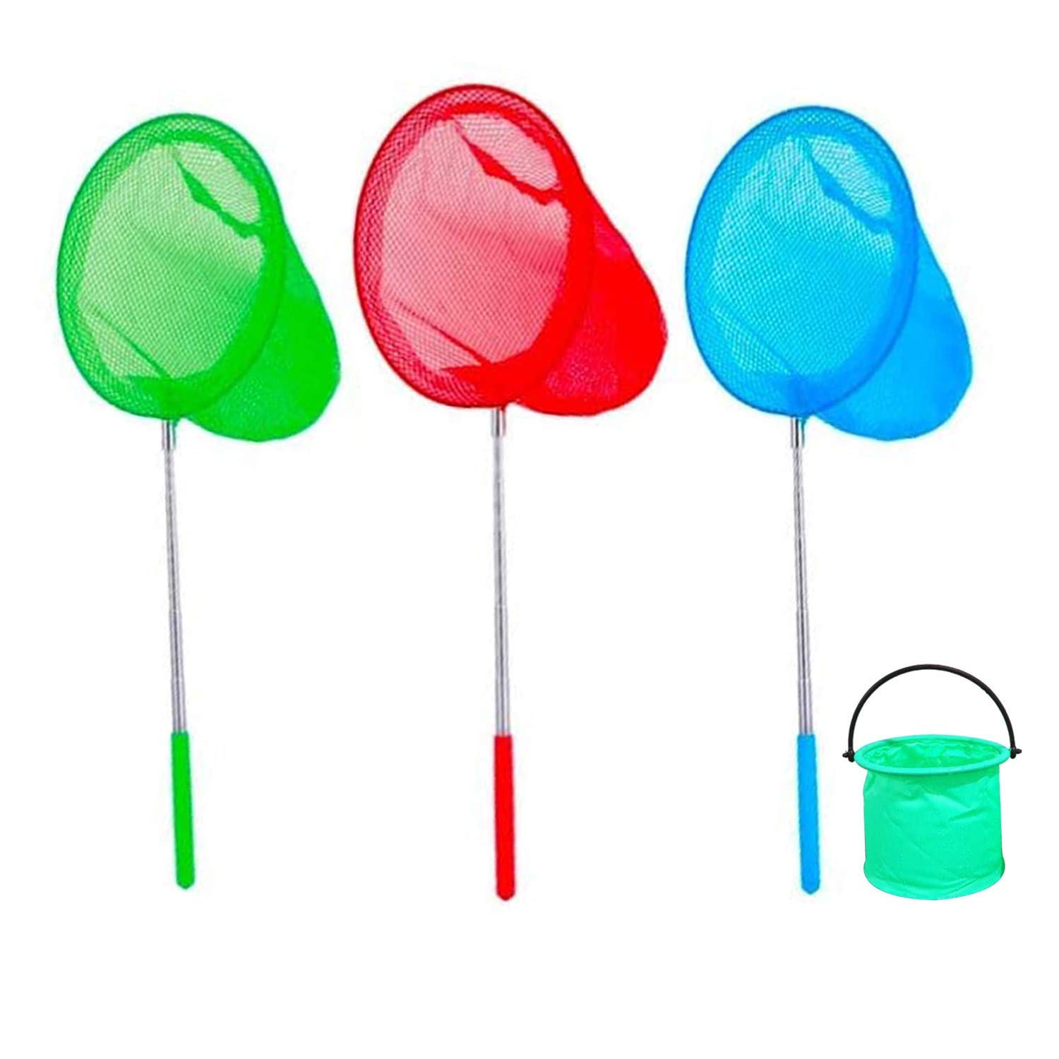 3 Pack Telescopic Butterfly Net Fishing Net Pond Net Extendable (14.5 to 33.8 Inches)+1 Pack Folding Bucketfor Catching Bugs Insect Small Fish Outdoor Beach Garden Activities โ image 1