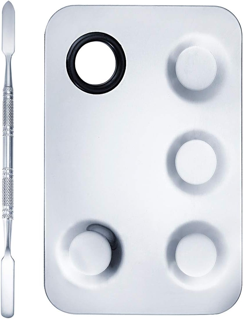 Allwon Makeup Palette Spatula Tool 4-Well Stainless Steel Cosmetic Blending Mixing Palette (5.9 x 3.9 inches)