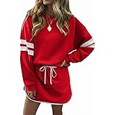 Opemiby Womens 2 Piece Sets Casual Stripes Drop Shoulder Long Sleeve Tops and Matching Drawstring Skort Lounge Outfits