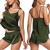 Ekouaer Silk Pajamas for Women Satin Cami Pjs Set V Neck Camisole Shorts Set Adjustable Strap Sleepwear