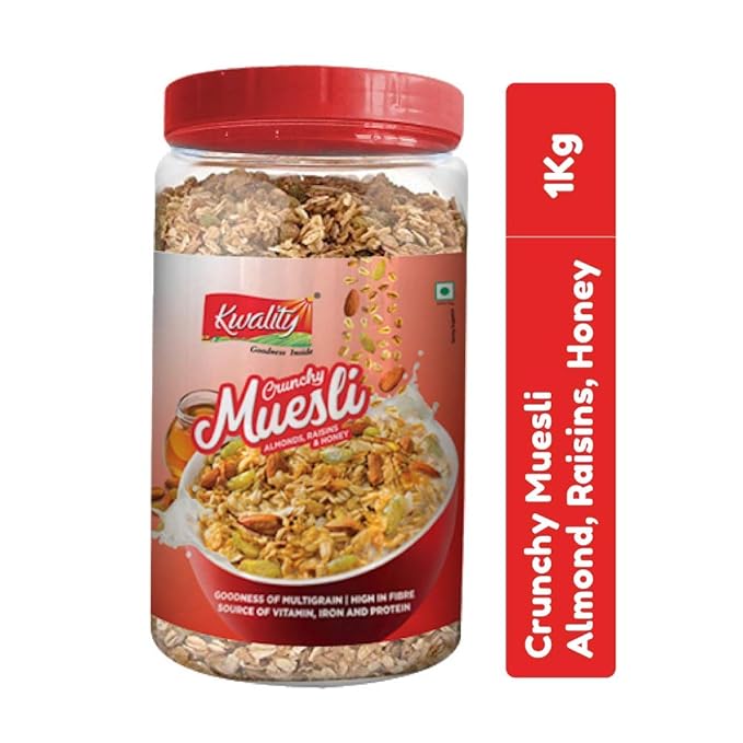 Kwality Crunchy Muesli Almond, Raisins and Honey Goodness of Multigrain, High in Fibre Source