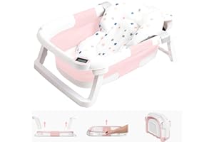 napei Collapsible Baby Bathtub,Baby Bath Tub with Soft Cushion & Thermometer,Baby Bathtub Newborn to Toddler 0-36 Months,Portable Travel Baby Tub,Pink