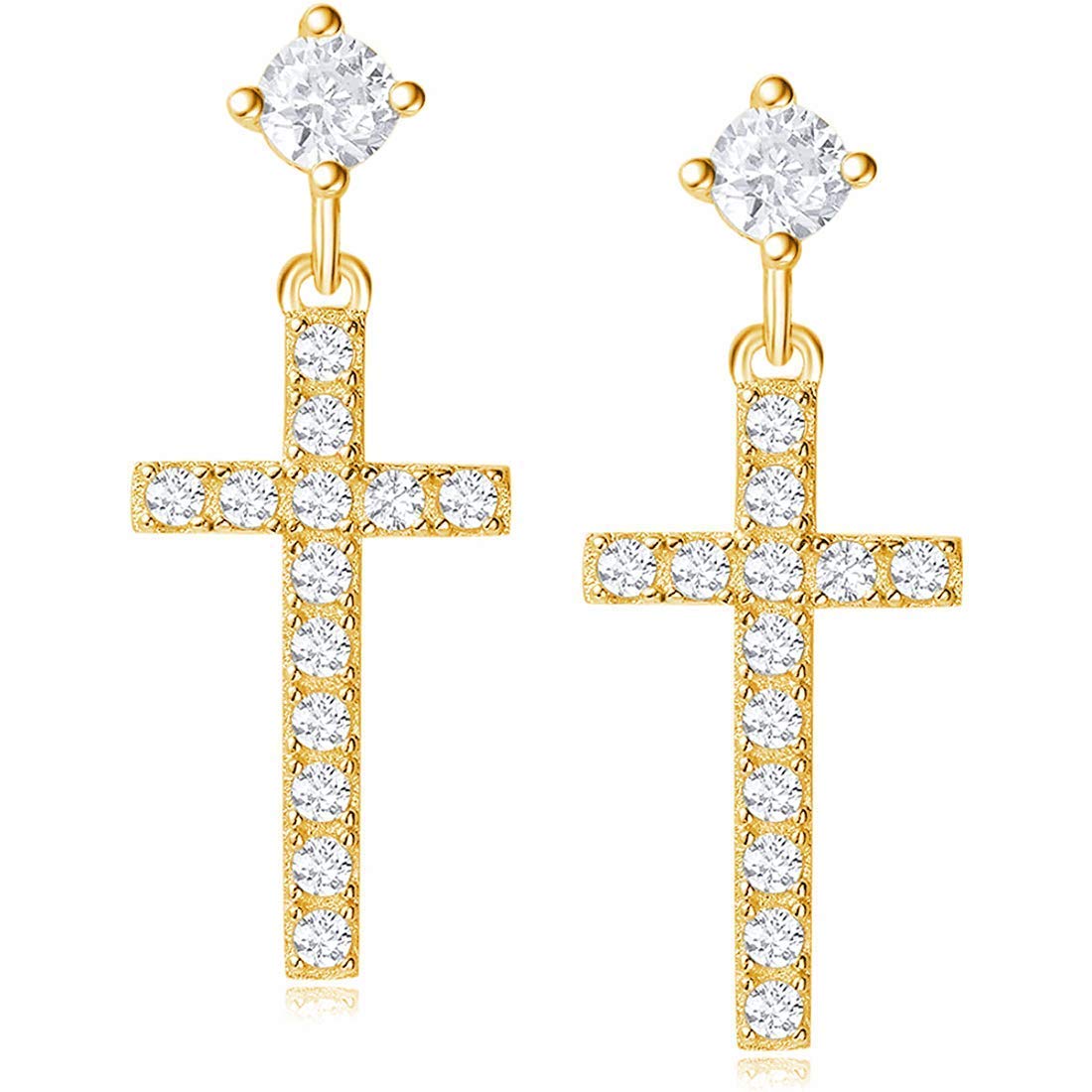 Solid 925 Sterling Silver with Yellow Gold Plated Sparkling Cubic Zirconia CZ Cross Earrings Dangle Small Dainty Fine Jewellery for Women Girls - Dimension: 22 * 10 mm