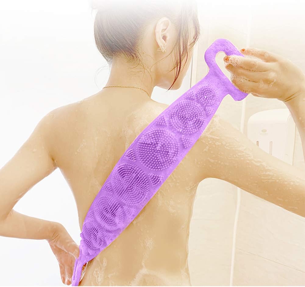 Silicone Back Scrub Bath Shower Towels, Double Side Exfoliating Body Massage Brush Belt Wash Skin Clean Scrubber, Easy Clean (Purple)
