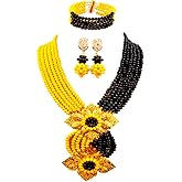 aczuv Fashion African Bead Necklace Nigerian Beads Wedding Jewelry Sets for Women (Opaque Yellow Black)
