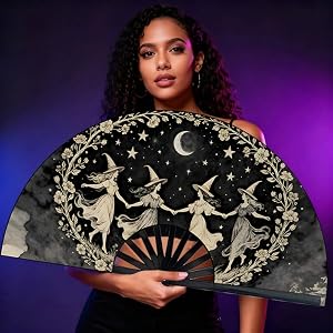 Large Folding Hand Fan, Black, Dancing Witches Design, Moon and Stars Theme, Halloween Costume Accessory