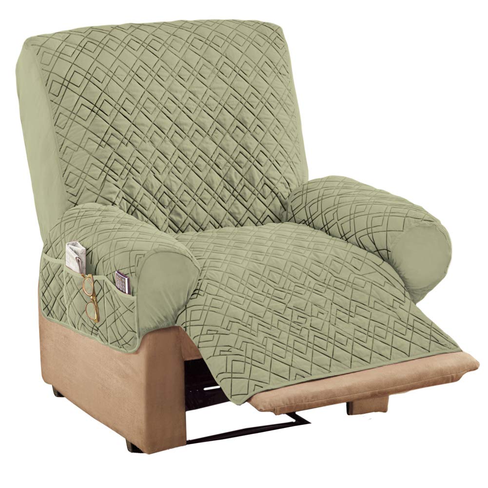 Collections Etc Diamond-Shape Quilted Stretch Recliner Cover with Storage Pockets and Elastic Straps - Furniture Protector