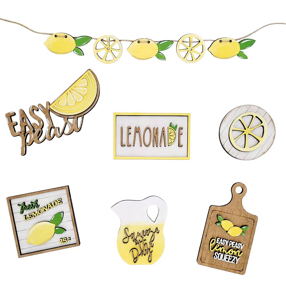 lyrlody Lemon Tiered Tray Decor Set 7PCS Farmhouse Wood Lemon Signs Banner Garland Hanging Ornaments for Table Shelf Cabinet with Pinewood Material (Lemon suit)
