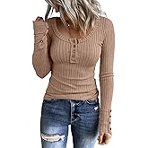 KINLONSAIR Women’s Long Sleeve Henley T Shirts Button Down Slim Fit Tops Scoop Neck Ribbed Knit Shirts