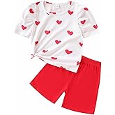 Arlubiya Kids Toddler Girl Clothes Summer 2 Piece Outfits Love Printed Square Neck Bubble Sleeve Top+Solid Color Shorts Set (6-7T)