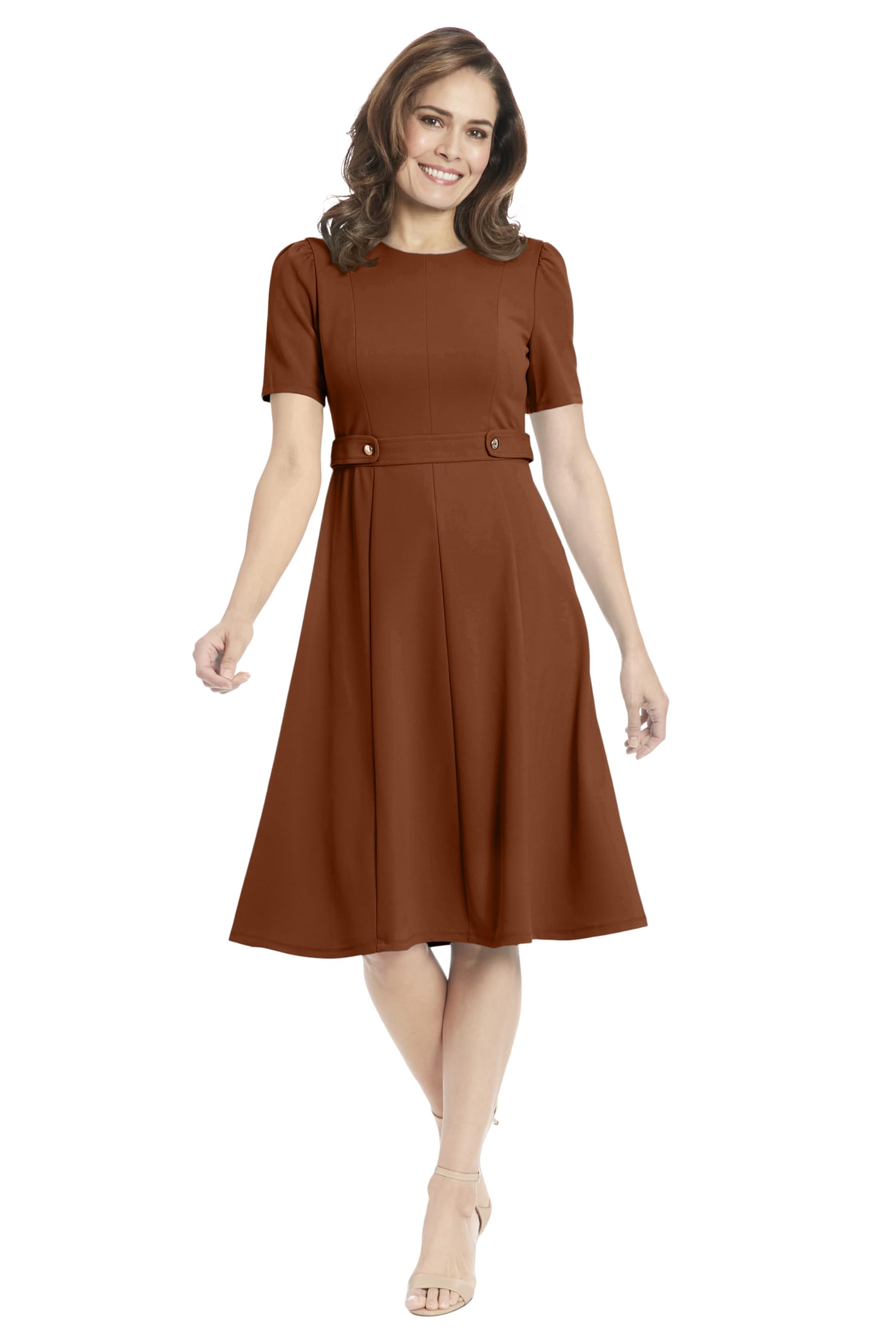London Times Women’s Petite Knit Eyelet Short Sleeve Crepe Inset Waist Midi with Button Detail, Cedar, 6