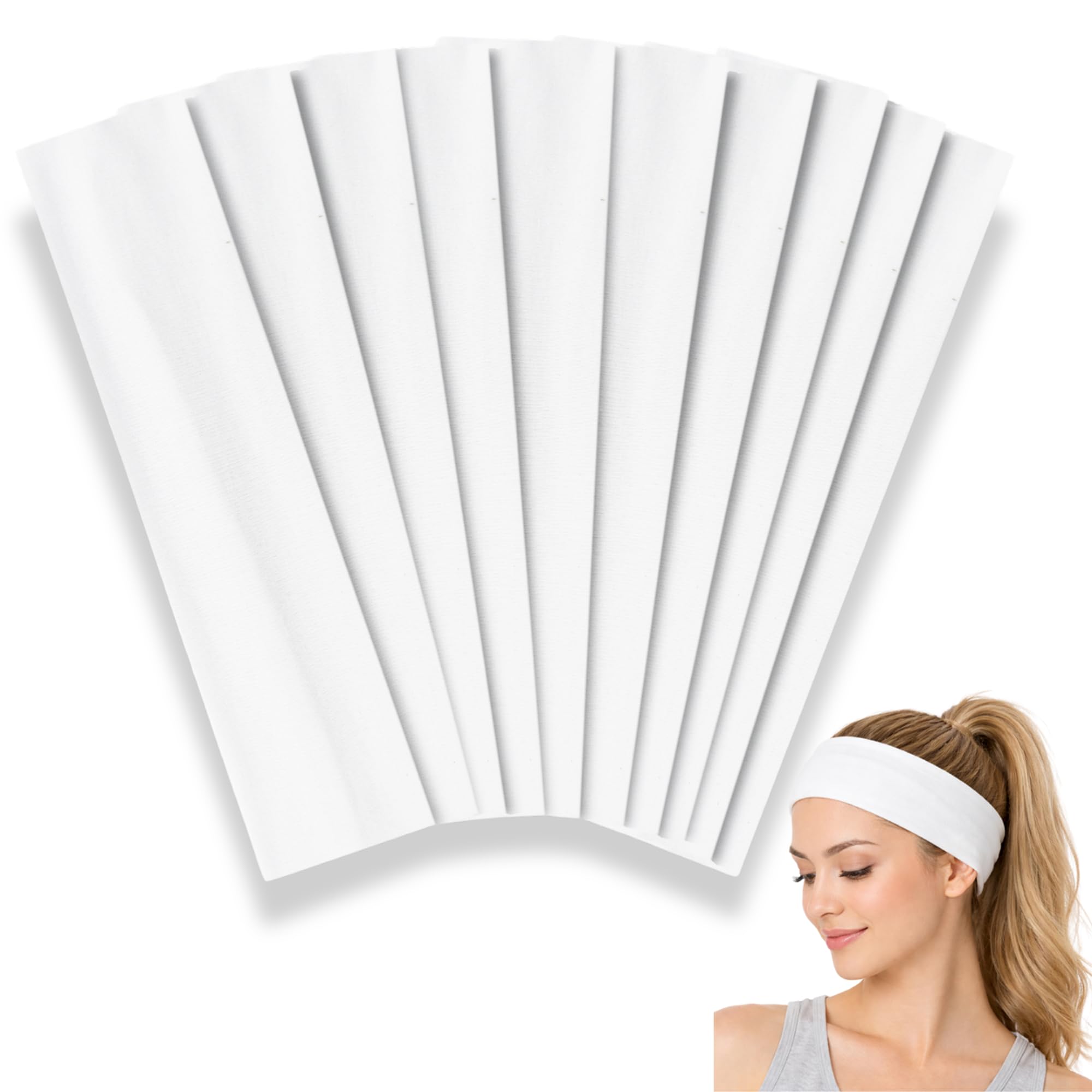 Trendy, Soft, and Stretchy Cotton Yoga Headbands (10 Pack - White) - For Yoga, Running, Sports, Gym, Exercising