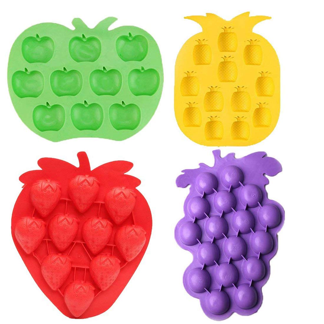 LQQDD Fruits Series Silicone Fondant Mold Candy Mold Strawberries Pineapples Apples Grapes Mold for Sugarcraft Cake Decoration Candy Mold Cupcake Topper Summer Ice Cube Tray (Set of 4)