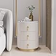 homary White Velvet Nightstand with Storage, Round Bedside Table with 3 Drawers, Stone Top Night Table for Bedroom, End Tables for Living Room