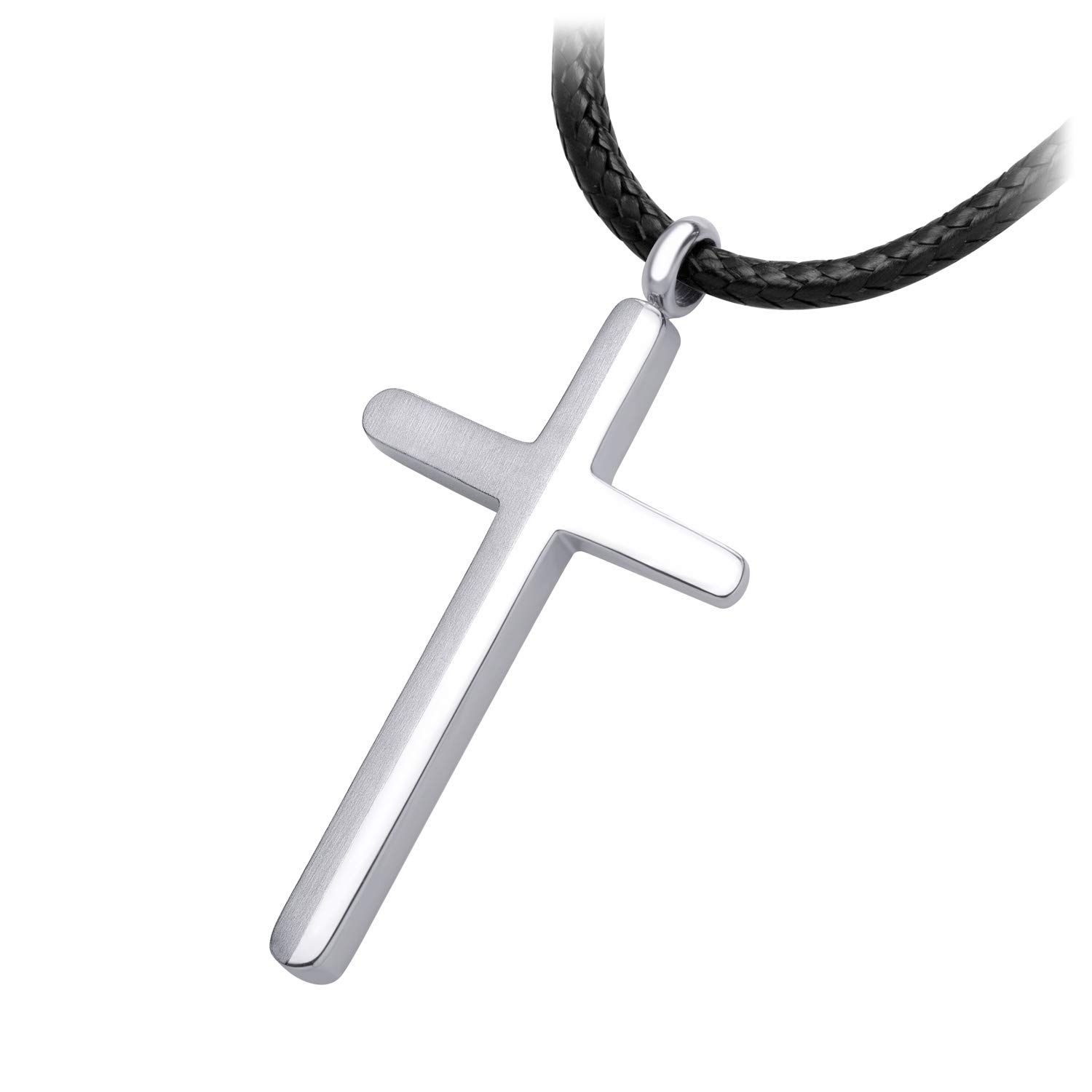 555Jewelry Stainless Steel Pendant Silver Cross Necklace for Men, Mens Cross Necklace, Cross Chain for Men, Black Rope Necklace, Boys Cross Necklace - Adjustable Leather Cord Rope โ image 1