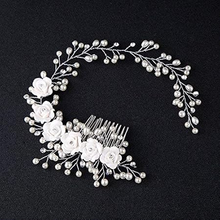 Kercisbeauty Haarschmuck für Hochzeit, Brautschmuck, Perlenzweig und weiße Rose, silberfarben, Haarband, Haarkamm für Abschlu