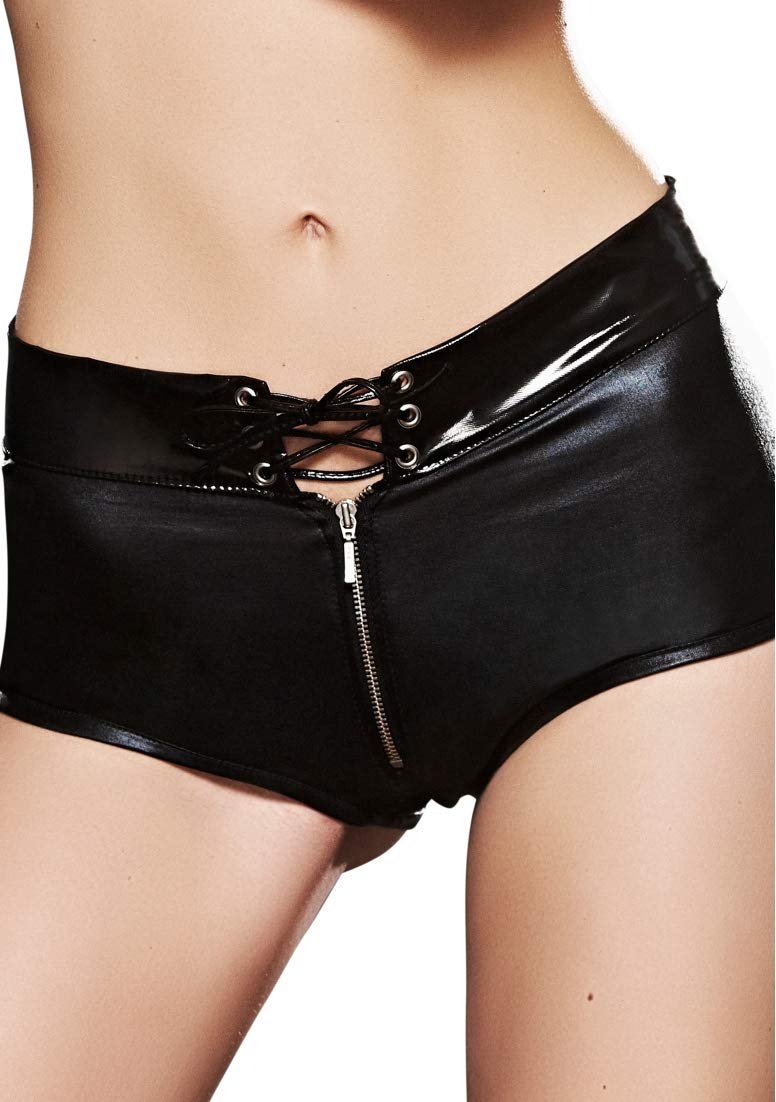 7 Heaven DIZER Wetlook Lace Up Shorts - Black - M