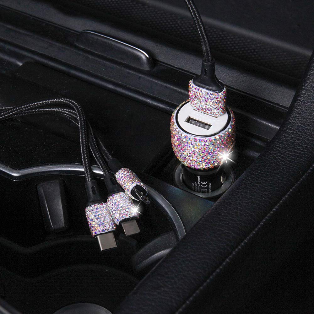 Cigarette Lighter USB Charger Rhinestone Crystal Bling Glitter Diamond Car Charger Dual USB Car Charger Compatible with iPhone Galaxy Huawei Car Mobile Phone Chargers & Quick Charging Cable, AB Colour