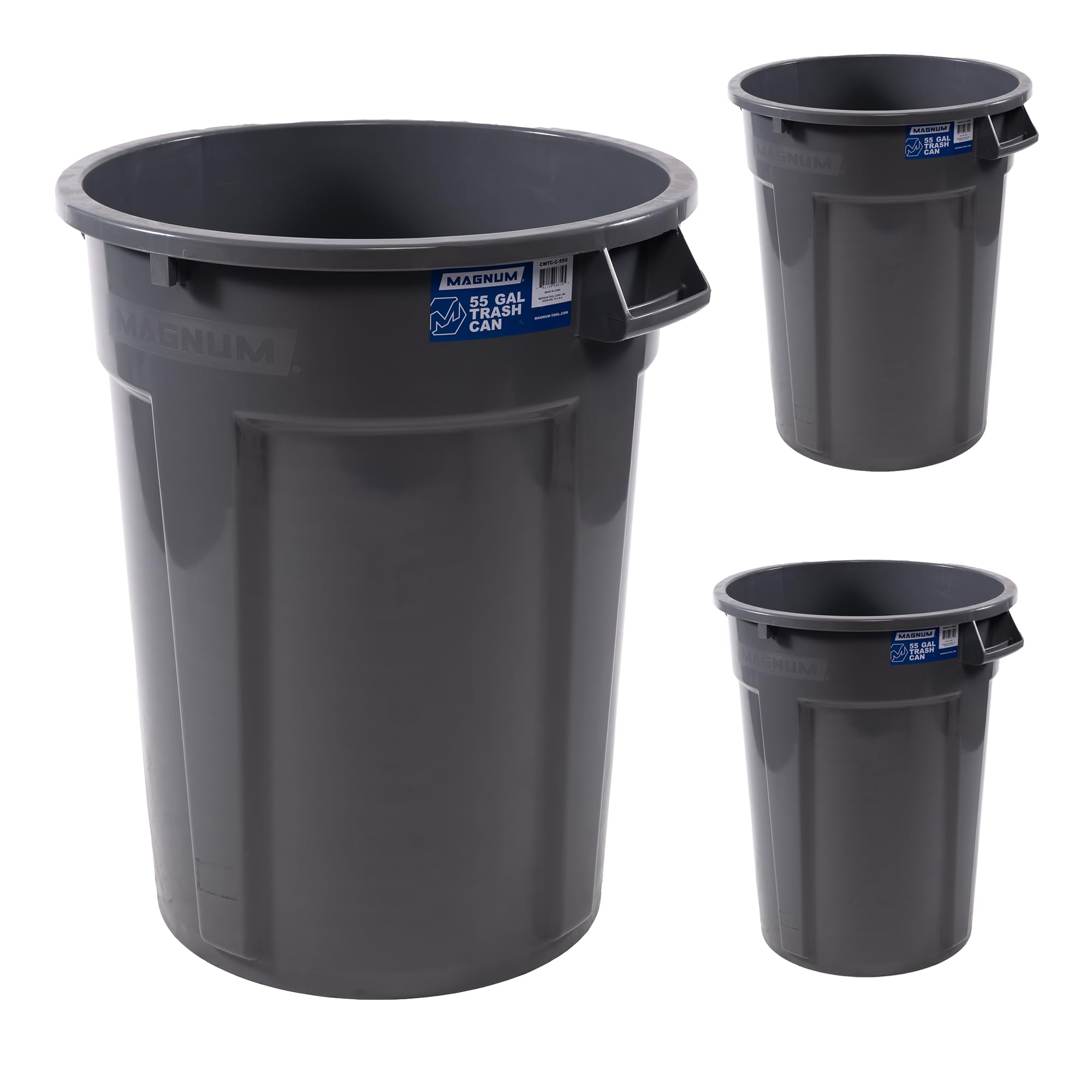 Photo 1 of Magnum Tool 55 Gallon Trash Can, Construction Grade, Heavy Duty Plastic, Jobsite Ready for Handling and Holding Garbage CMTC-C000-55G03 (3 Pack)
