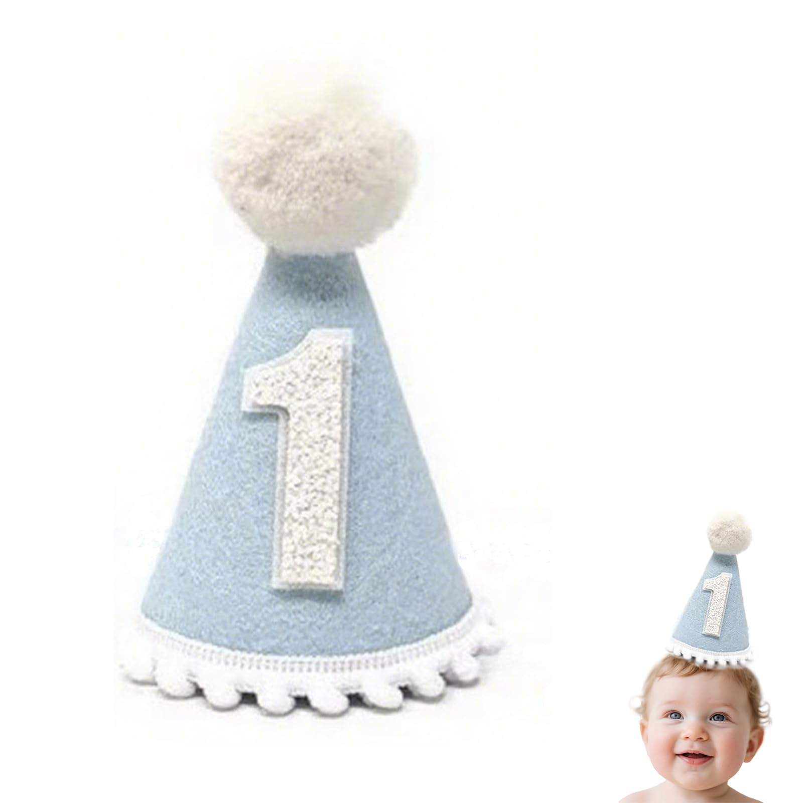 Vyqrx 1st Birthday Hat for Boys, Baby Boy First Birthday Decorations with Pom-Pom, Soft Felt Cone Party Crown for 12 Month Old, Adjustable Strap Cake Smash Photo Prop (Blue)