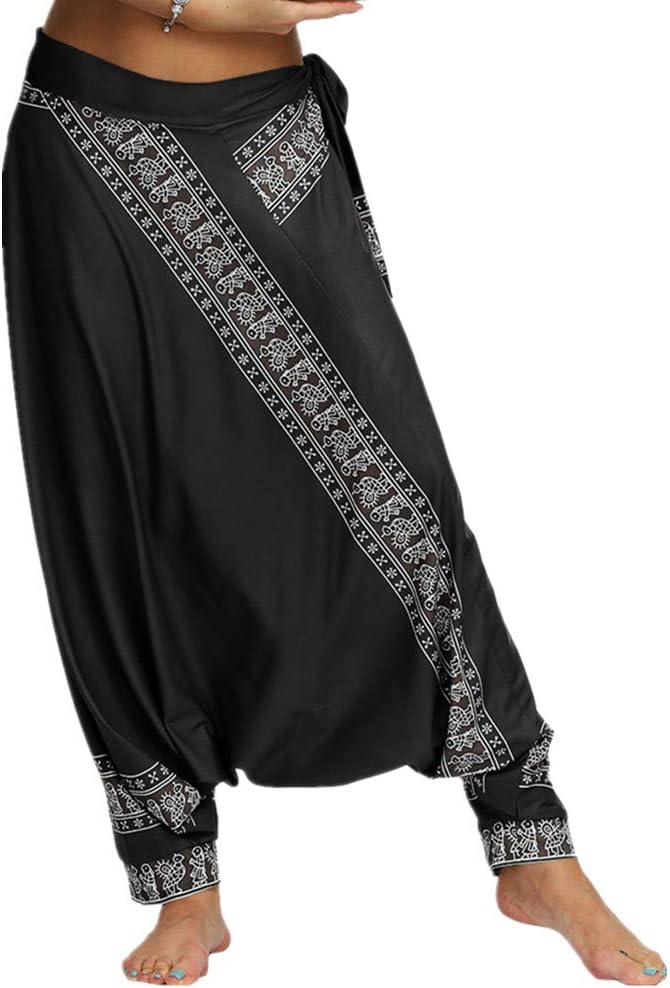 Women's Bohemian Pants, Thai Floral Baggy Harem Pants Yoga Printed Hippy Smocked Waist Hippie Trousers for Pilates