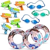 All in One Summer Party Bundle Pack for Kids - Set of 3 Swimming Goggles | 3x Inflatable Pool Floats for Boys & Girls | 6x Small Squirt Water Guns for Children - The Ultimate Fun in the Sun