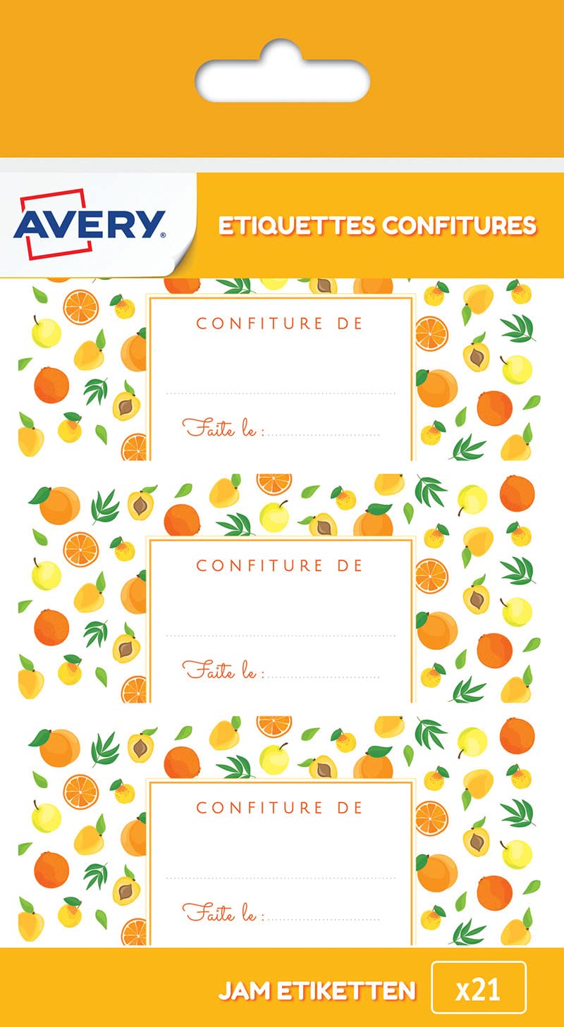 AVERY - 20 Satin Jam Labels - Yellow Fruit Pattern - Solvent-Free Adhesive for Food Use - Format 95 x 40 mm