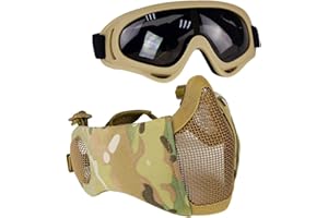 AOUTACC Airsoft Protective Gear Set, Half Face Mesh Mask with Ear Protection and Tactical Goggles for BBS Paintball Shooting 