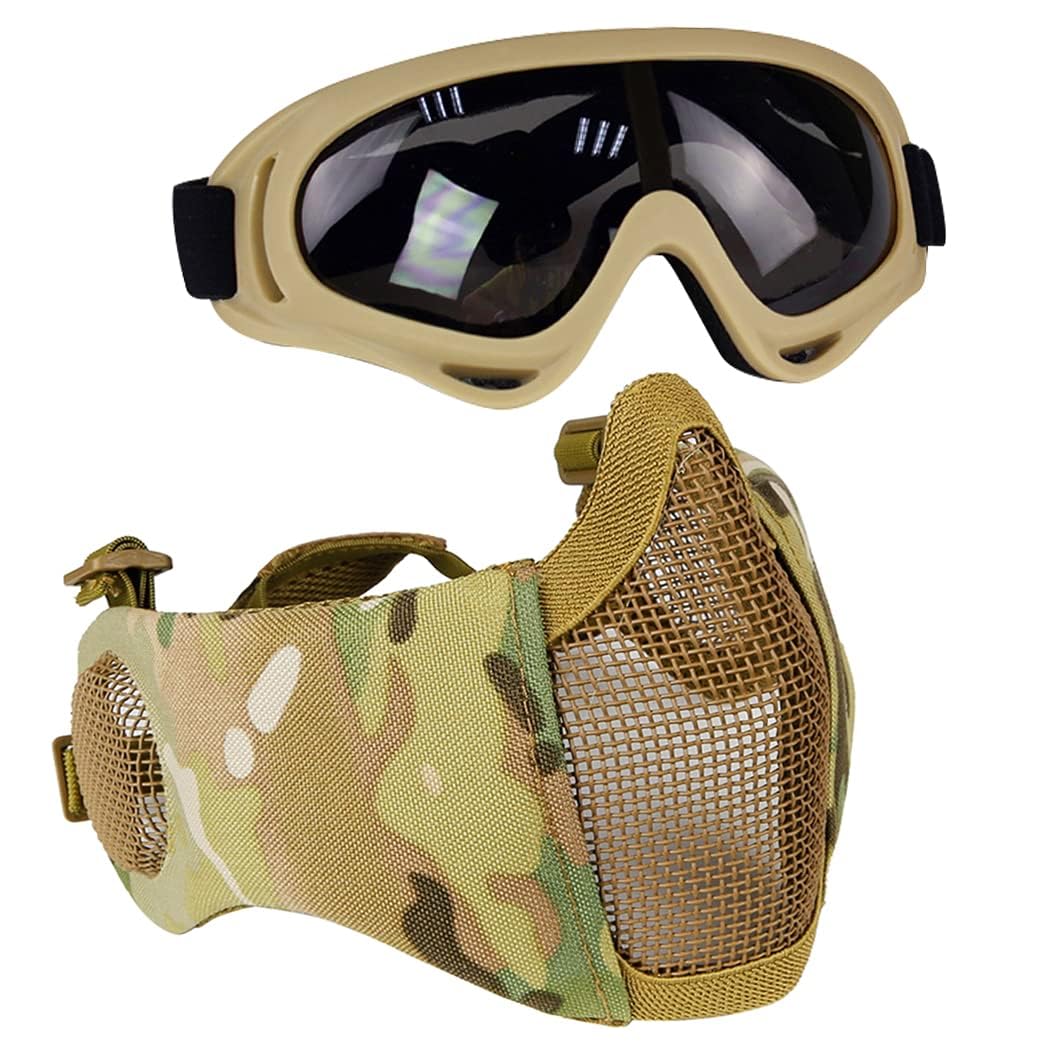 AOUTACC Airsoft Protective Gear Set, Half Face Mesh Masks with Ear Protection and Goggles Set for CS/Hunting/Paintball/Shooting (MC03)
