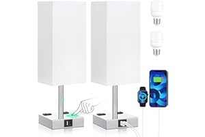 aooshine Set of 2 Touch Nightstand Lamp with USB-C+A Charge Ports& AC Outlets, 3-Way Dimmable Bedside Lamp with White Fabric Shade,Small Table Lamp for Bedroom Guest Room(Bulb Included)