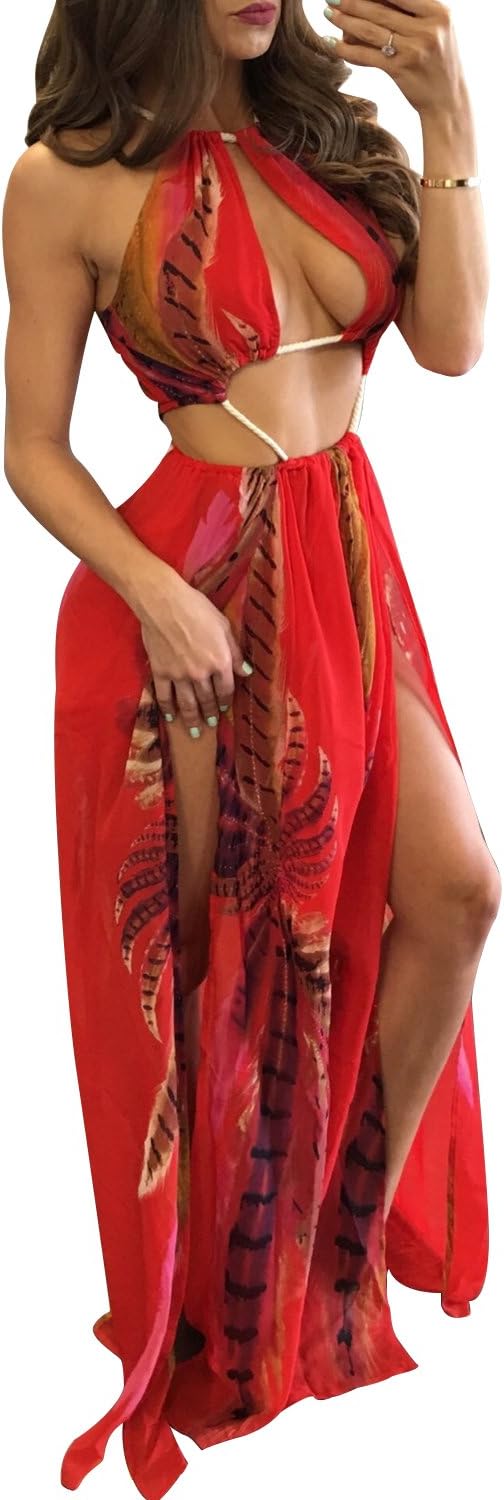 Women's Boho Floral Halter Summer Beach Party Split Cover Up Swimsuit Outfit Maxi Dress