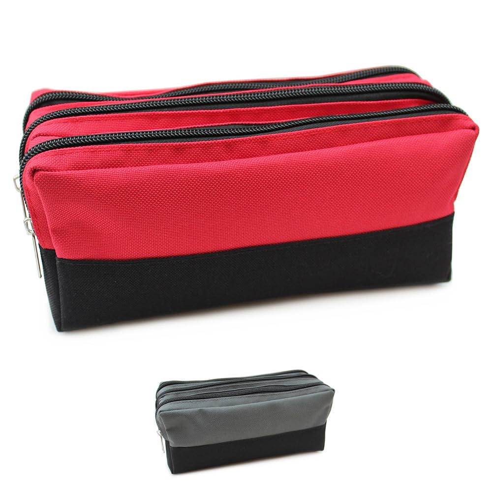 Fashion Stationery Big Capacity Pencil Case for Boys Kids Children's Large Black & Red Sporty Triple Pocket Pencil Cases Back to School Pouch with 3 Compartments for Teenagers